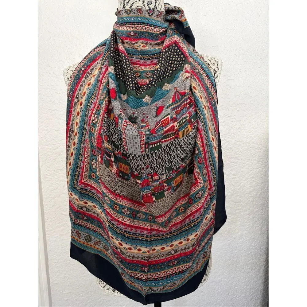 Vintage Vivienne Scenic Silk-Feel Scarf 34” x 34” Blue Cityscape Print Square - Picture 10 of 10